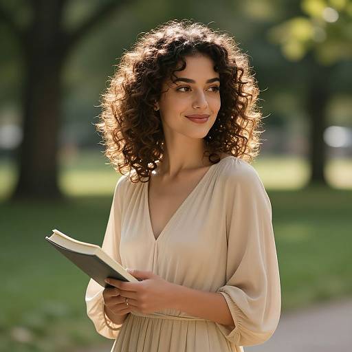 Photograph of a curly-haired woman with light brown skin, wearing a cream-colored blouse, reading a book in a sunlit park.