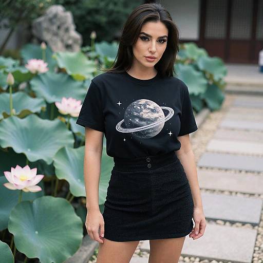 Photograph of a dark-haired woman with fair skin in a black cosmic-print t-shirt and high-waisted black skirt, standing in a lush garden
