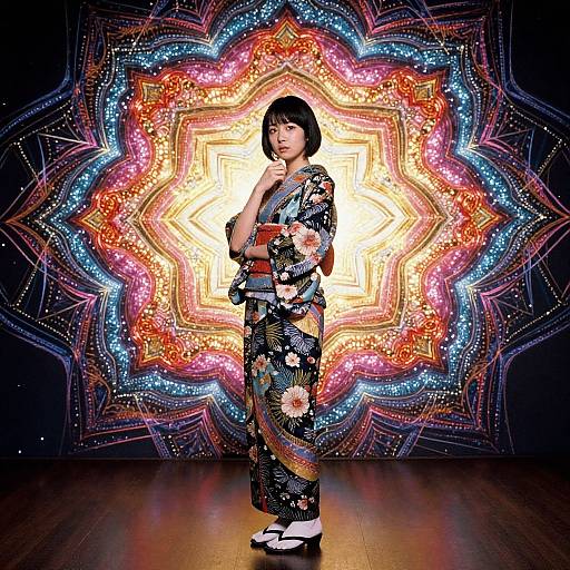 Photograph of a Japanese woman in a floral kimono standing before a vibrant, multicolored mandala-patterned backdrop, with her finger touching her