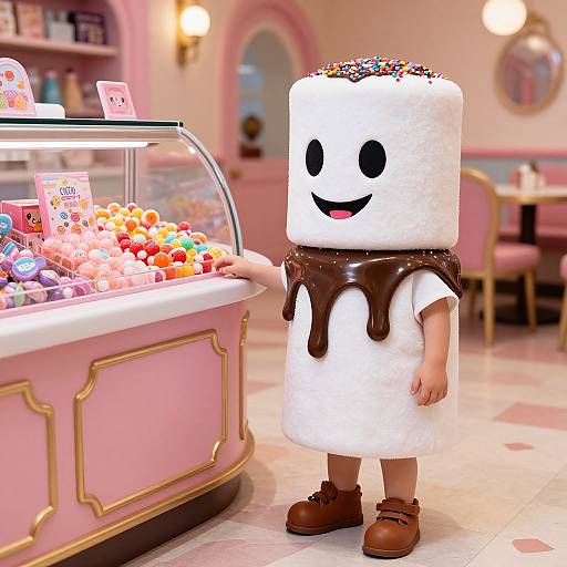 CGI image of a smiling, white-cake-man with chocolate drips, brown shoes, standing in a pink, pastel-colored candy shop.