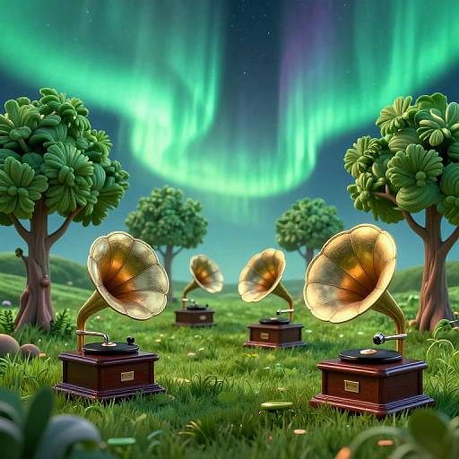 Digital artwork: Vibrant aurora borealis illuminates a grassy field with stylized trees and five large, golden gramophones on wooden stands