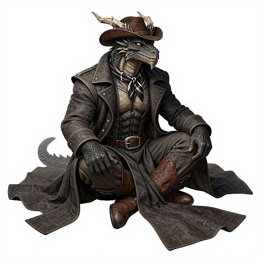 Muscular Western Dragon Cowboy Sitting