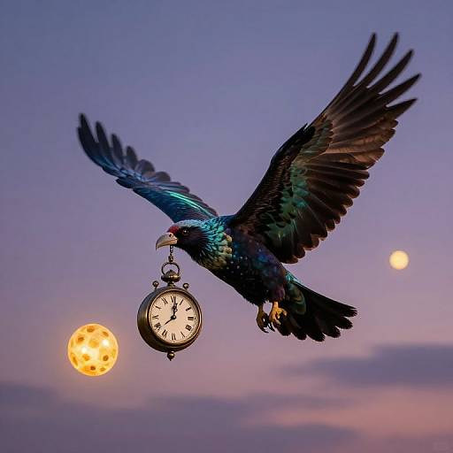 Photograph of a black raven with iridescent blue feathers, flying against a twilight sky, holding a vintage clock in its beak, with
