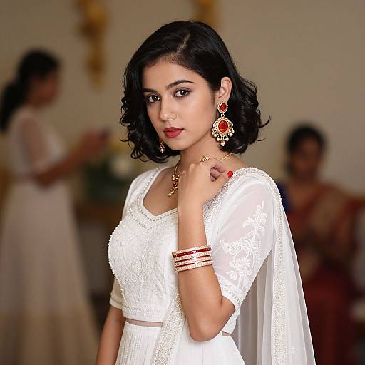 Photograph of an Indian woman with black wavy hair, wearing a white embroidered dress, red earrings, and gold necklace, standing gracefully in a blurred