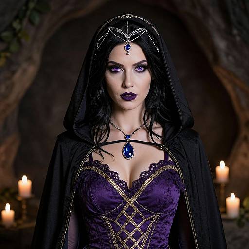 Photograph of a gothic vampire woman with pale skin, black hair, purple eyes, dark lipstick, lace corset, black cape, and blue