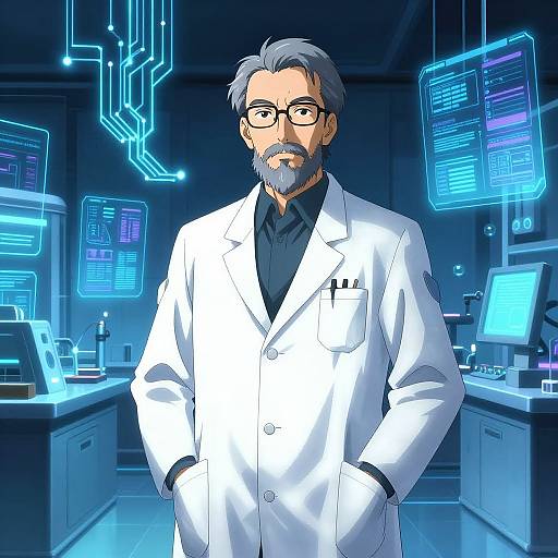 Digital anime-style illustration of a serious, bearded scientist with gray hair, glasses, and white lab coat, standing in a high-tech, blue-l