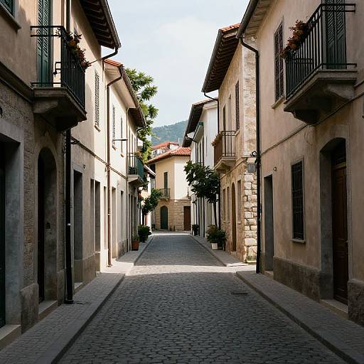 Photograph of a narrow, cobblestone street in an old European town, flanked by beige stone buildings with black metal balconies, potted