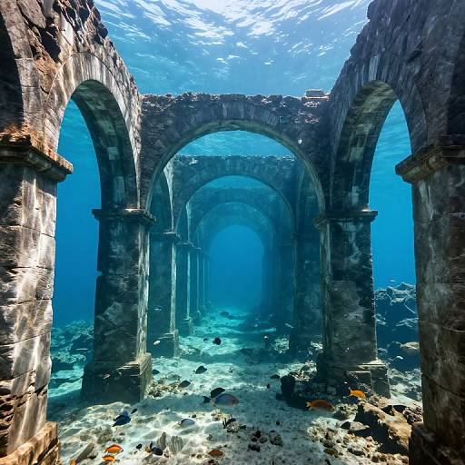 Photograph of an underwater ancient stone archway with three arches, bright blue water, sunlight filtering through, and small colorful fish swimming around.