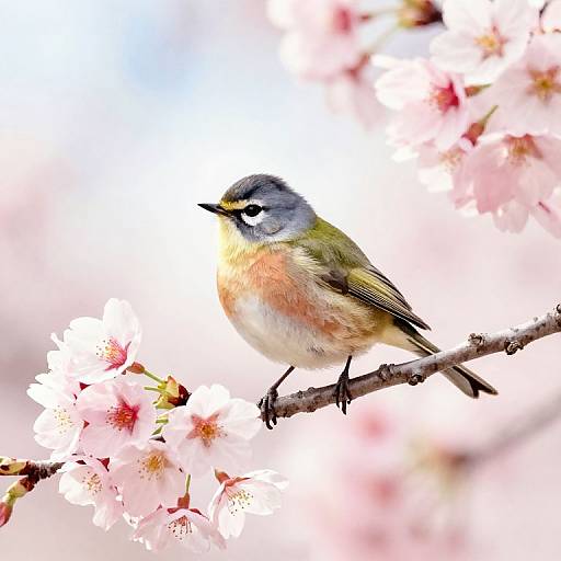 Photograph of a small bird with blue-gray head, yellow-green back, and pinkish belly, perched on a branch amid blooming pink cherry
