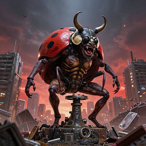 Digital artwork of a muscular, black insectoid creature with red beetle shell, horns, and sharp teeth, towering over a ruined cityscape at sunset.