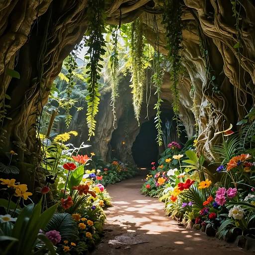 Photograph of a sunlit, enchanted garden path framed by a twisted, vine-covered cave archway, surrounded by vibrant, colorful flowers.