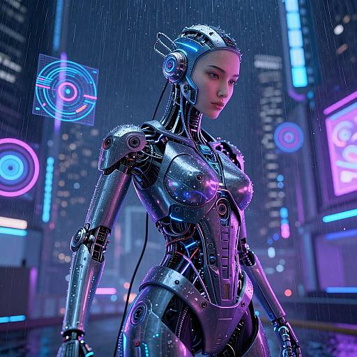 Digital CGI image of a futuristic, humanoid female robot with metallic silver armor, neon lights, and rain, standing in a cyberpunk cityscape.