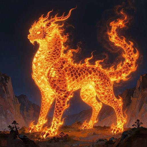 Digital artwork of a fiery, molten lion with glowing orange flames, standing amidst a dark, rocky landscape with silhouetted trees.