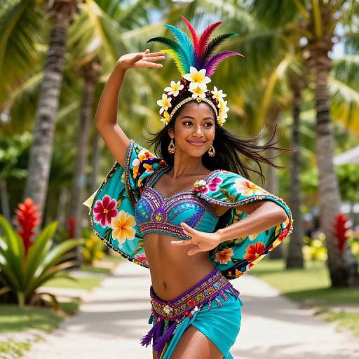 Tropical Queen Dancing in Vibrant Headdress