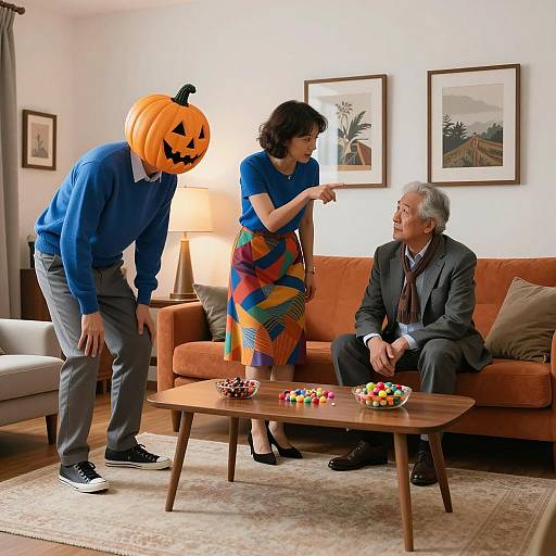 Woman Pointing at Older Man with Halloween Masked Companion