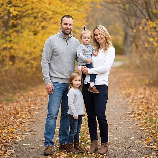 Photograph of a bearded father in a gray sweater, mother in a white top, holding a baby, and standing with a young girl on a