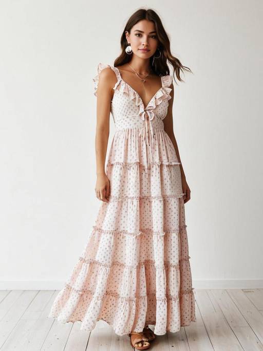 Woman in Romantic Bohemian Pink Tiered Maxi Dress
