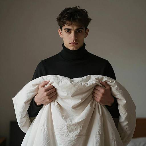Serious Young Man with Crumpled Blanket