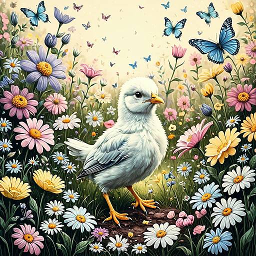 Pastel Illustration of Chick in Flower Garden