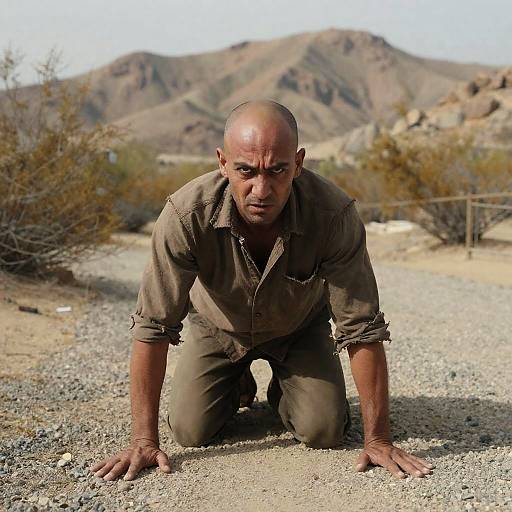 Bald Man in Intense Crouching Pose