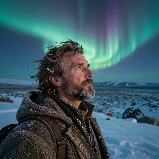 Photograph of a bearded man with tousled hair, wearing a textured brown jacket, gazing at vibrant green and purple Northern Lights over a snowy