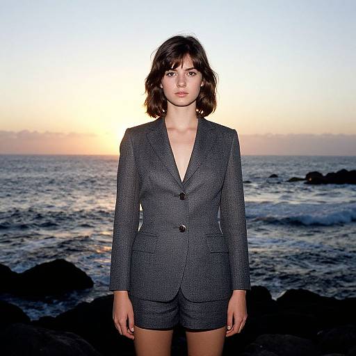 Photograph of a serious young woman with short brown hair in a gray blazer and matching shorts, standing on rocky beach at sunset.