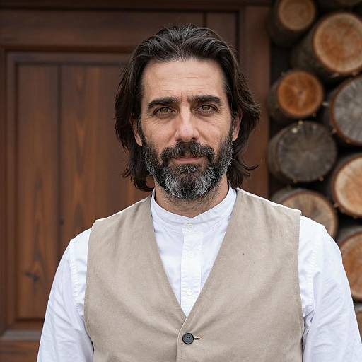 Middle-aged man with beard in beige vest