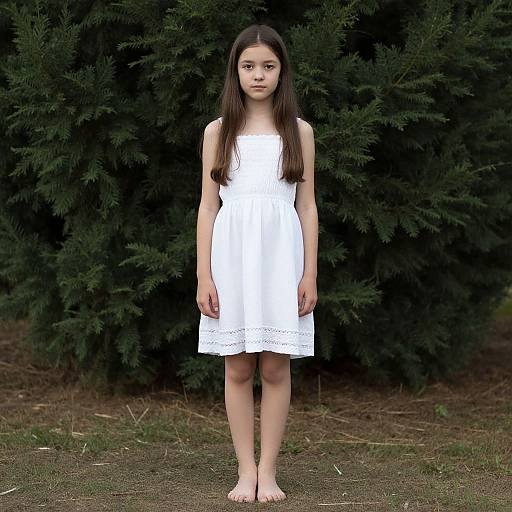 Photograph of a young Asian girl with long black hair, wearing a white lace-trimmed dress, standing barefoot in front of dark green bushes