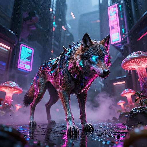 Digital art of a glowing, cybernetic wolf with neon blue eyes, standing in a rainy, neon-lit cityscape with oversized, biolum