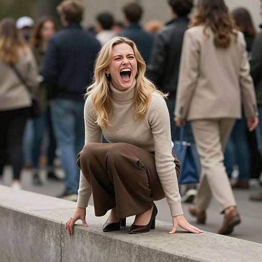 Crouching Blonde Woman Mid-Yell