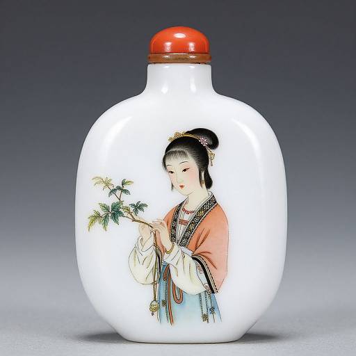 Photograph of a white ceramic bottle with an ornate red lid, featuring a detailed Japanese-style painting of a woman in traditional attire, holding pine branches