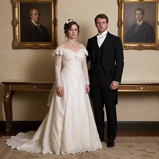 Photograph of a bride in a white lace wedding dress and a groom in a black suit standing in an ornate room with two framed portraits on the