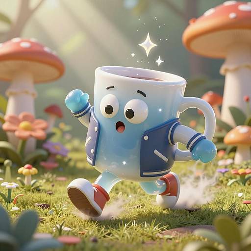 Anthropomorphic Coffee Mug Character in Miniature Garden
