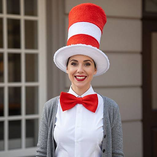 Photograph of a smiling woman in a red-and-white striped hat, red bow tie, white shirt, and gray cardigan, standing outdoors.