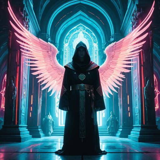 Angelic Cyber Monk in Neon Temple
