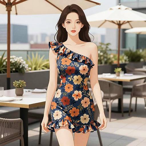 Chic Floral Dress Rooftop Scene
