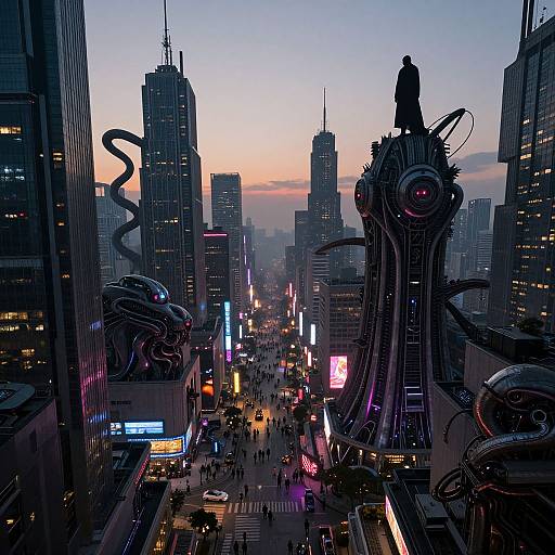 Cyberpunk Cityscape with Biomechanical Structures at Twilight