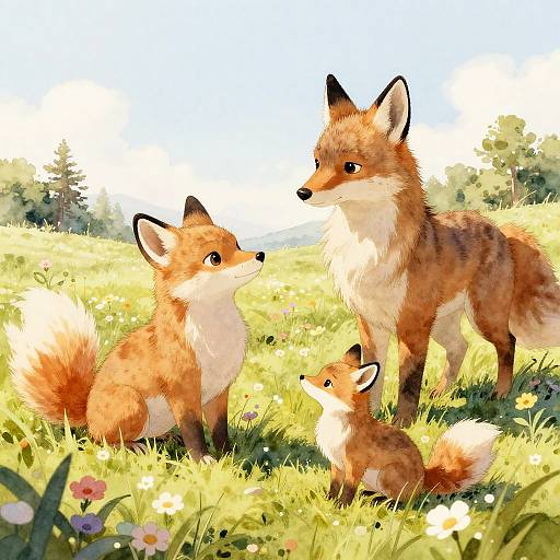 Digital painting of three red foxes in a sunny meadow with colorful wildflowers, standing and sitting, gazing at each other. Bright, cheerful