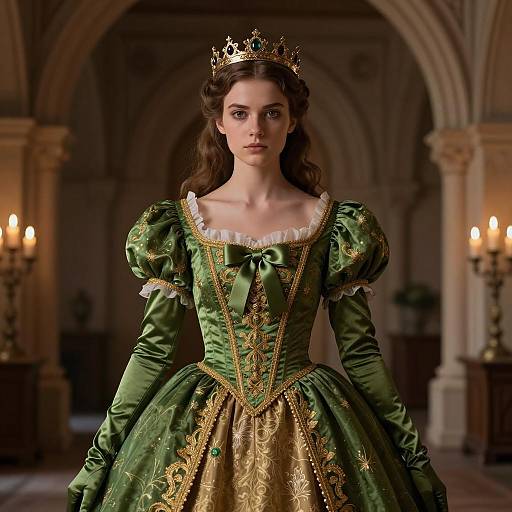 Young Woman in Green Medieval Princess Dress and Crown