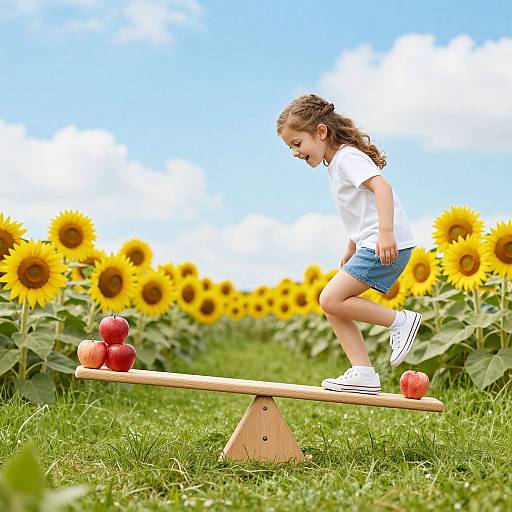 Photograph of a young girl in a white shirt and denim shorts balancing on a wooden seesaw with red apples, set in a sunflower field under