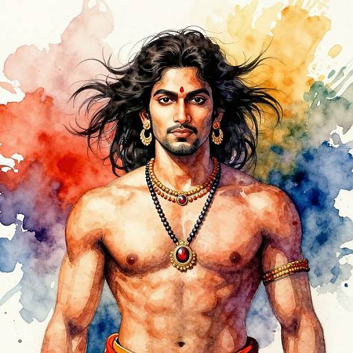 Digital painting of a muscular, shirtless man with long black hair, wearing gold earrings, black bead necklace, red gem, and arm band, against