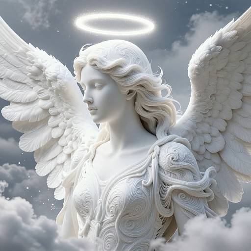 Photorealistic digital artwork of a serene, white-winged angel with flowing hair and halo, set against a cloudy, celestial sky.