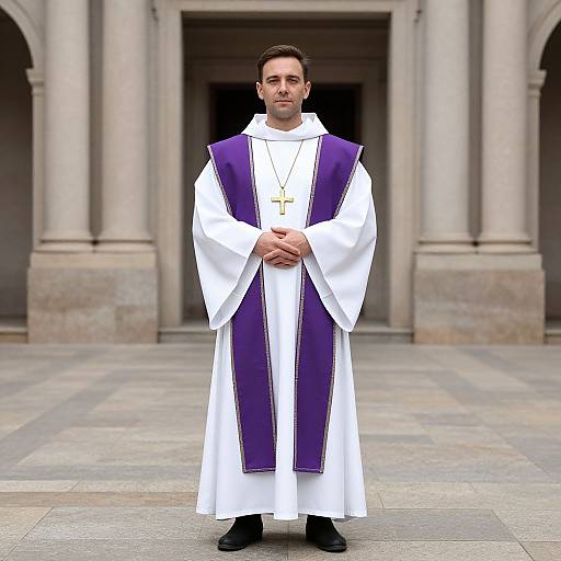 Photograph of a young male priest standing in front of a stone building, wearing a white and purple cassock with a gold cross necklace, black shoes