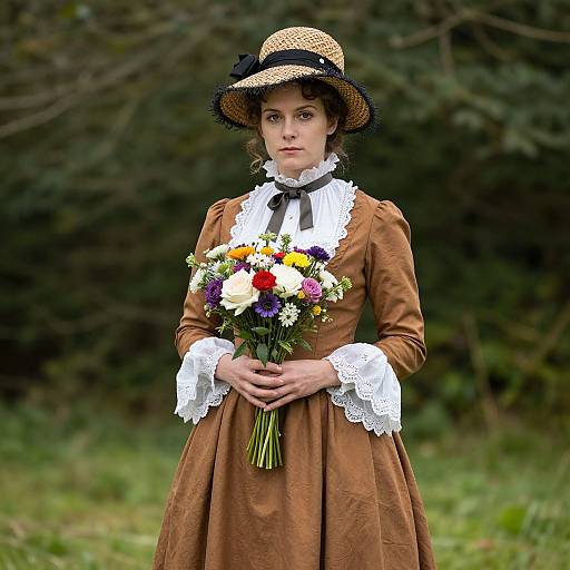 Photograph of a pale-skinned woman in a brown Victorian dress with white lace, black hat, holding colorful flower bouquet, standing in a green,