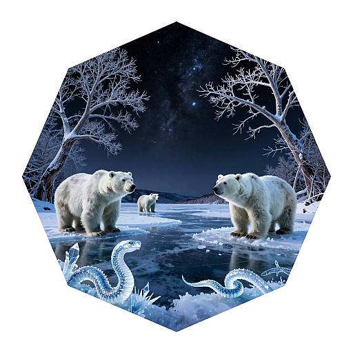 Photorealistic digital artwork of two polar bears and a cub standing on icy water at night, surrounded by frosty trees and glowing ice tendrils,