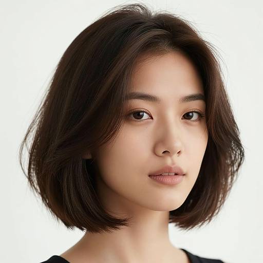 Photorealistic portrait of an Asian woman with short, dark brown hair, light skin, and soft brown eyes, against a plain white background.