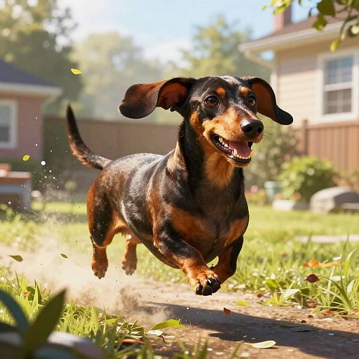Joyful Dachshund Sprinting in Backyard