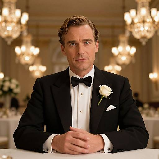 Photograph of a handsome, brown-haired man in a black tuxedo with white rose boutonnière, black bow tie, and white shirt