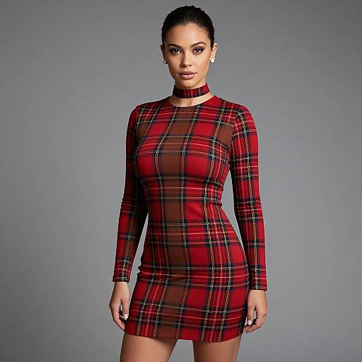Photograph of a woman with dark hair in a slick back style, wearing a sheer, red plaid, long-sleeve dress with a black