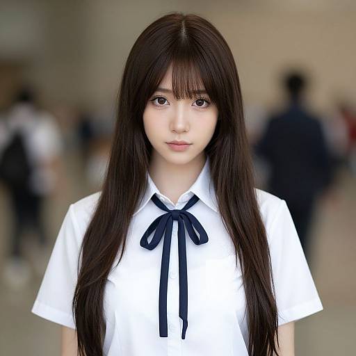 Photograph of a young Asian woman with long, straight black hair, wearing a white short-sleeved shirt with a black ribbon, standing in a